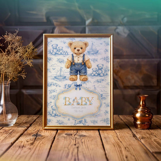 Personalised Baby Art Print with Teddy Bear