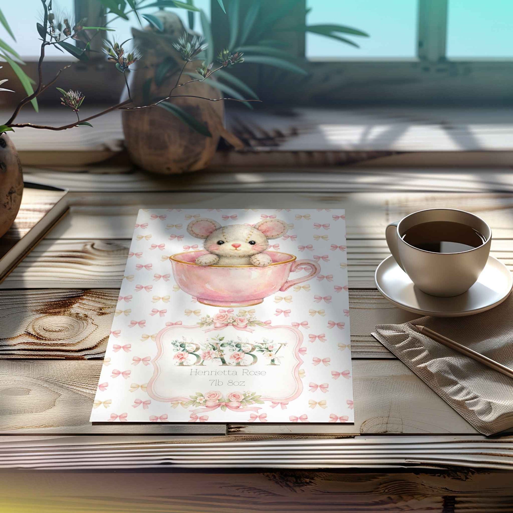 Personalised New Baby Greeting Card Mouse in Teacup A5