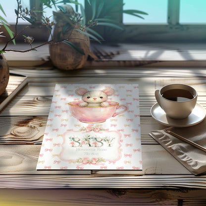 Personalised New Baby Greeting Card Mouse in Teacup A5