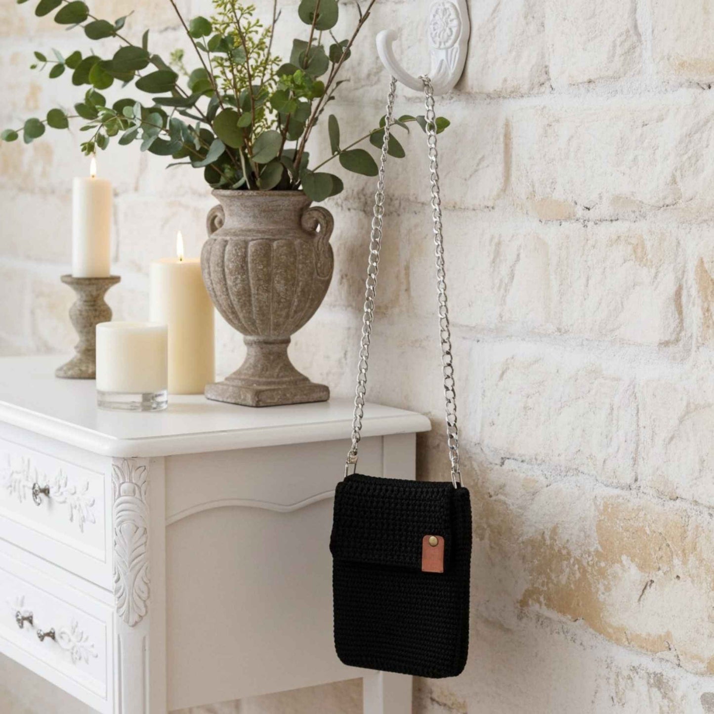 Handmade Crochet Black Phone Bag – Chic and Versatile Accessory