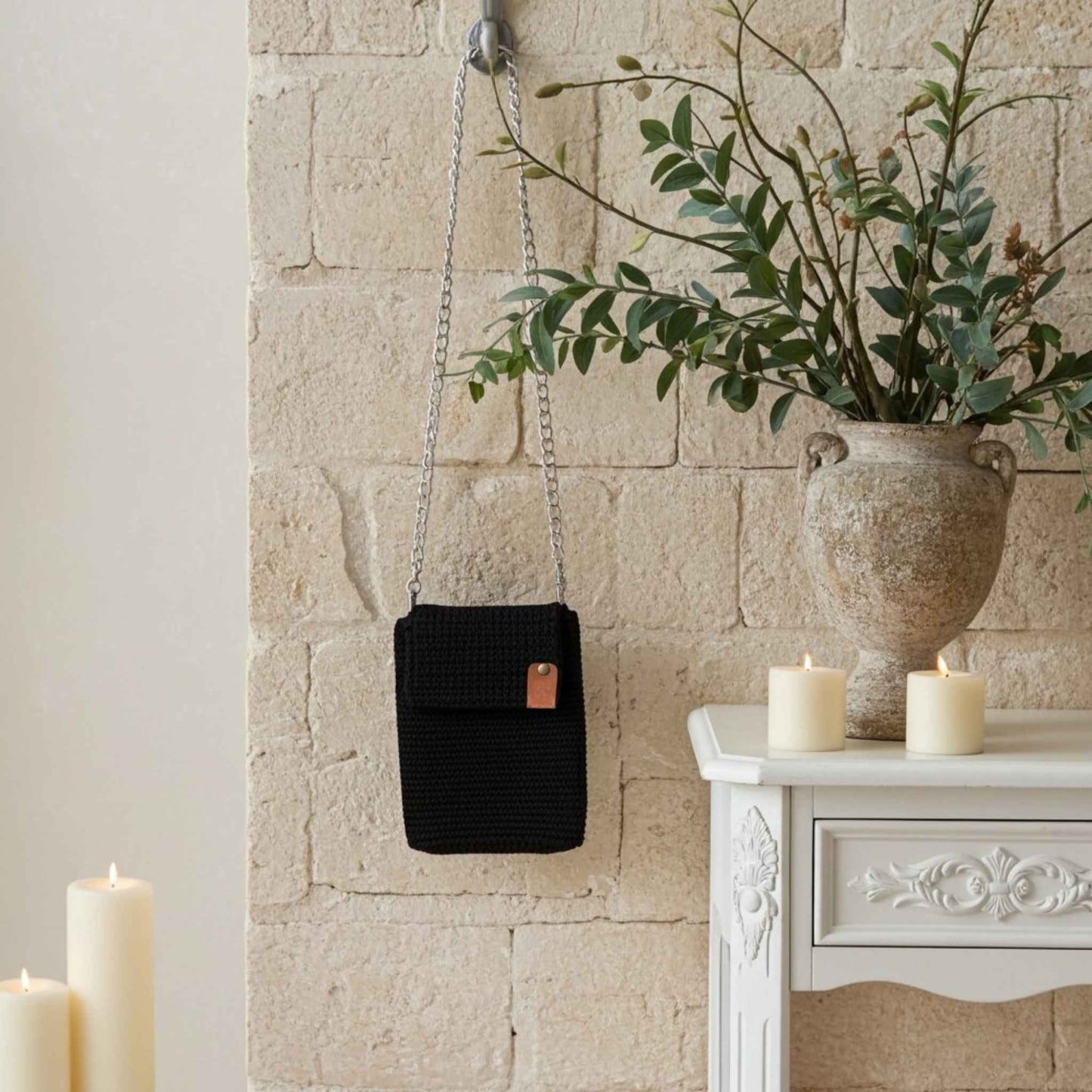 Handmade Crochet Black Phone Bag – Chic and Versatile Accessory