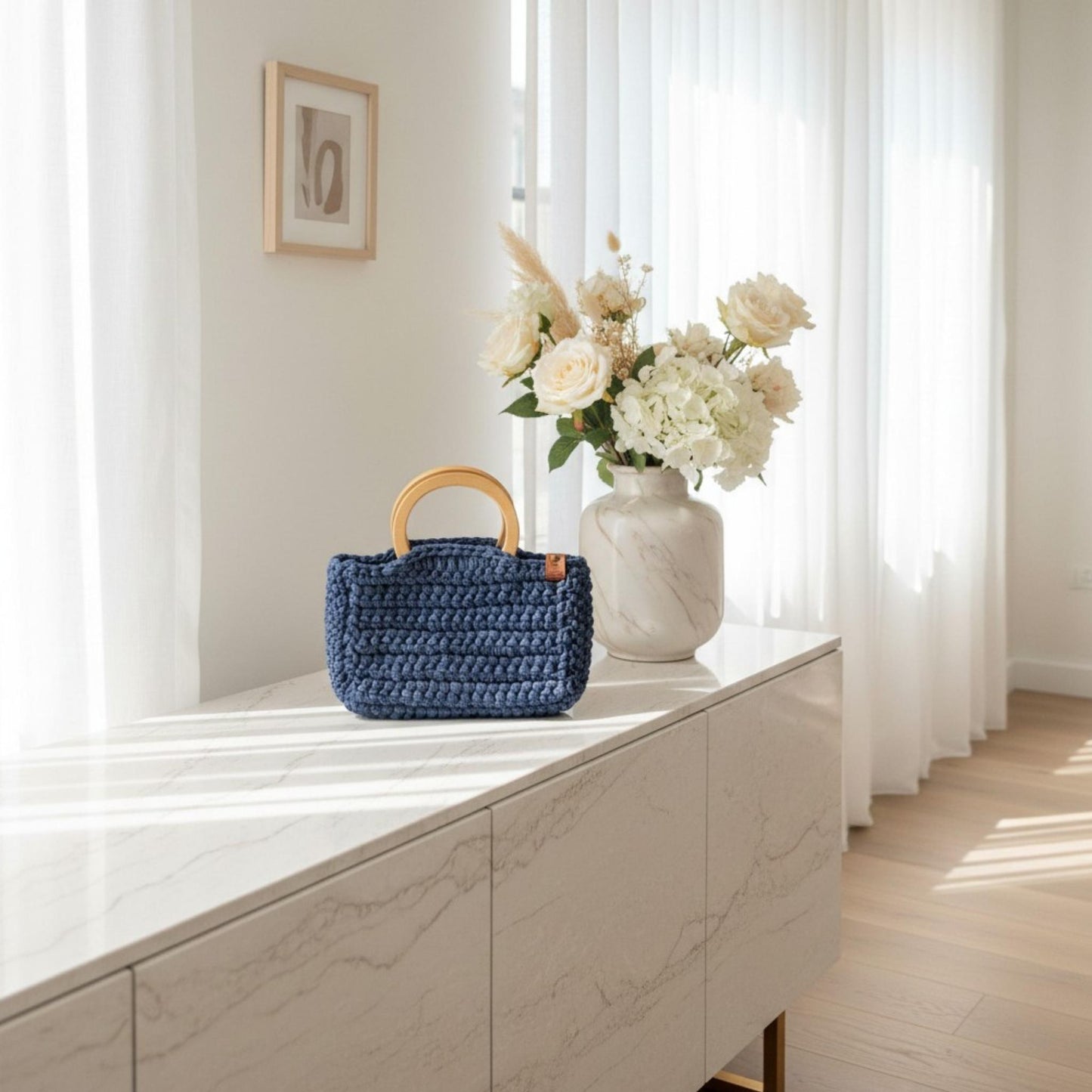 Handmade Blue Crochet Bag with Wooden Handle – Unique Handbag