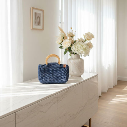 Handmade Blue Crochet Bag with Wooden Handle – Unique Handbag