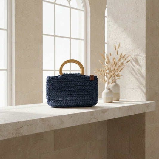 Handmade Blue Crochet Bag with Wooden Handle – Unique Handbag