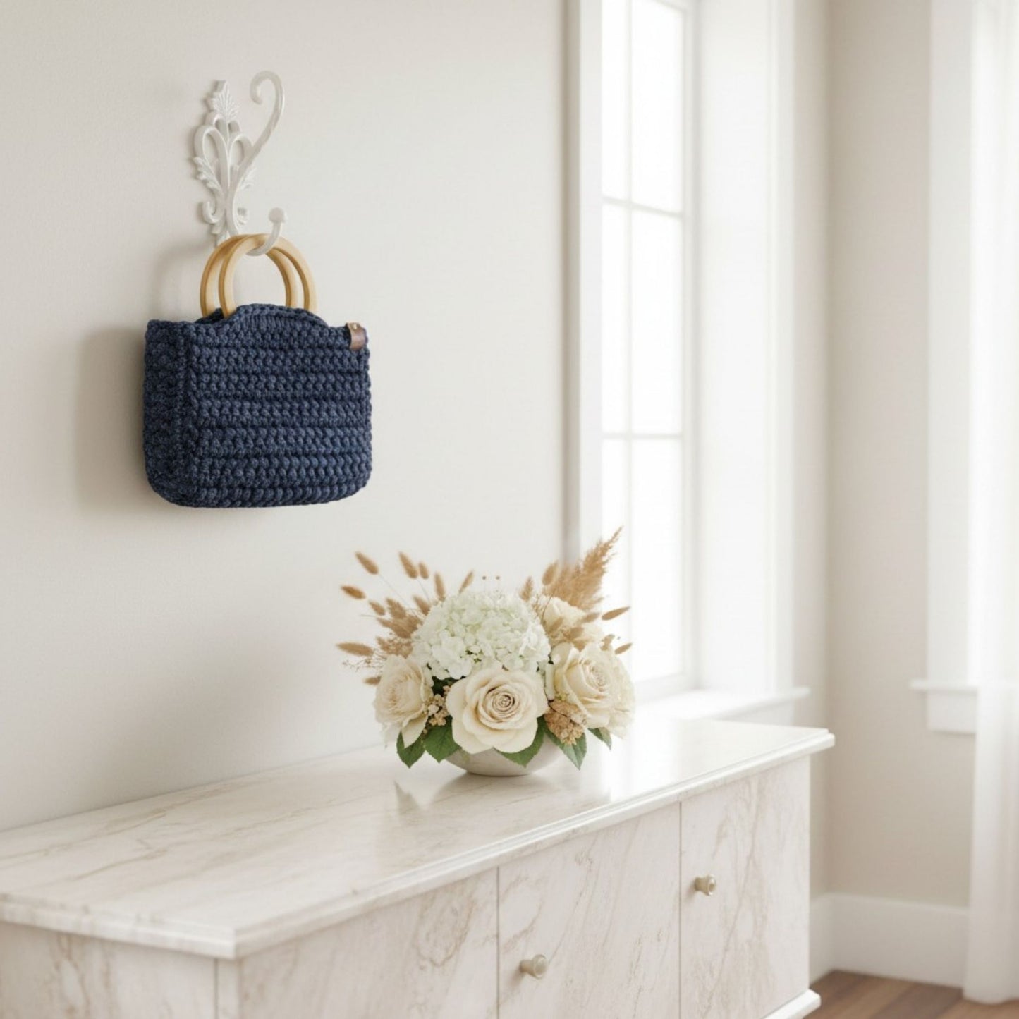 Handmade Blue Crochet Bag with Wooden Handle – Unique Handbag
