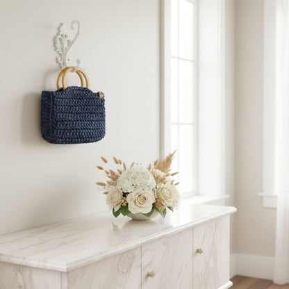 Handmade Blue Crochet Bag with Wooden Handle – Unique Handbag
