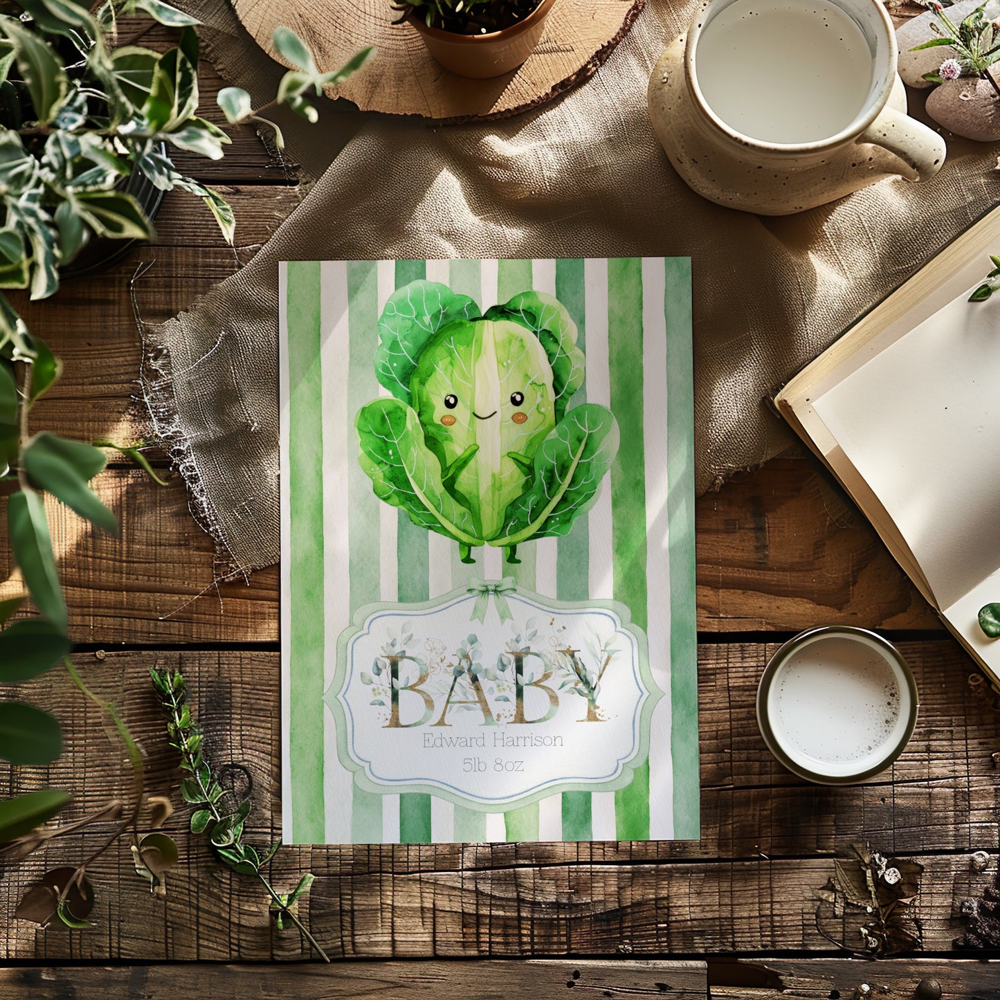 Personalised New Baby Greeting Card with Cabbage A5