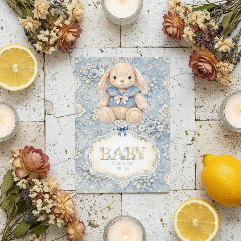 Baby rabbit newborn card with a bunny illustration surrounded by lemons and flowers on a rustic surface.