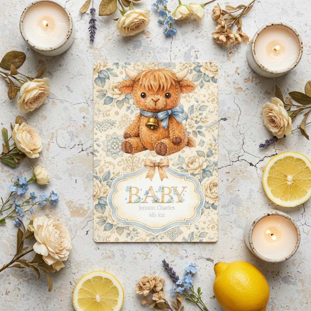 Personalised Baby Boy Art Print with Highland Cow