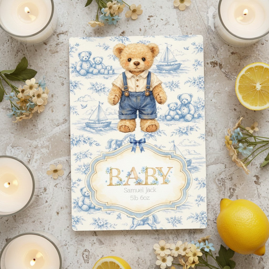 Personalised Baby Art Print with Teddy Bear