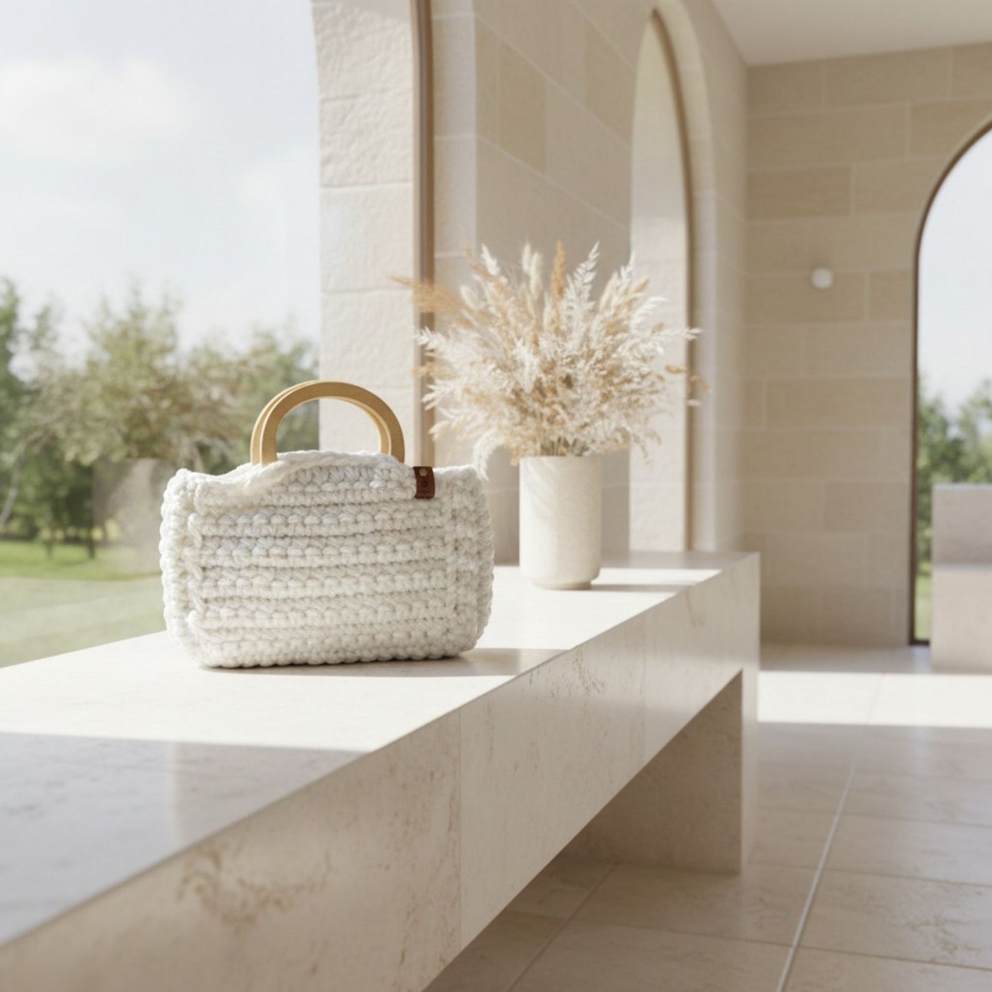 Handmade White Crochet Bag with Wooden Handle – Unique Handbag