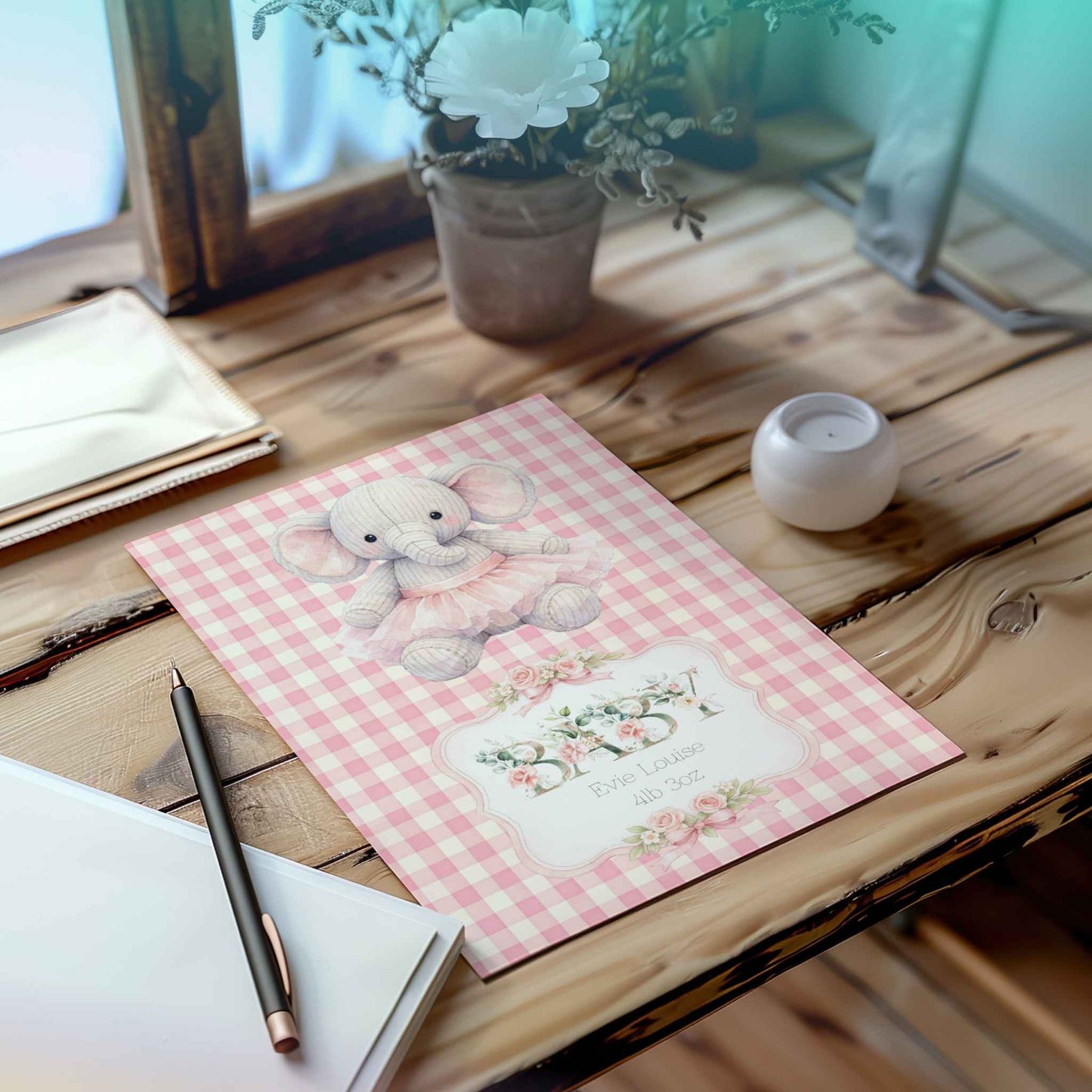 Personalised Baby Girl Art Print with Elephant