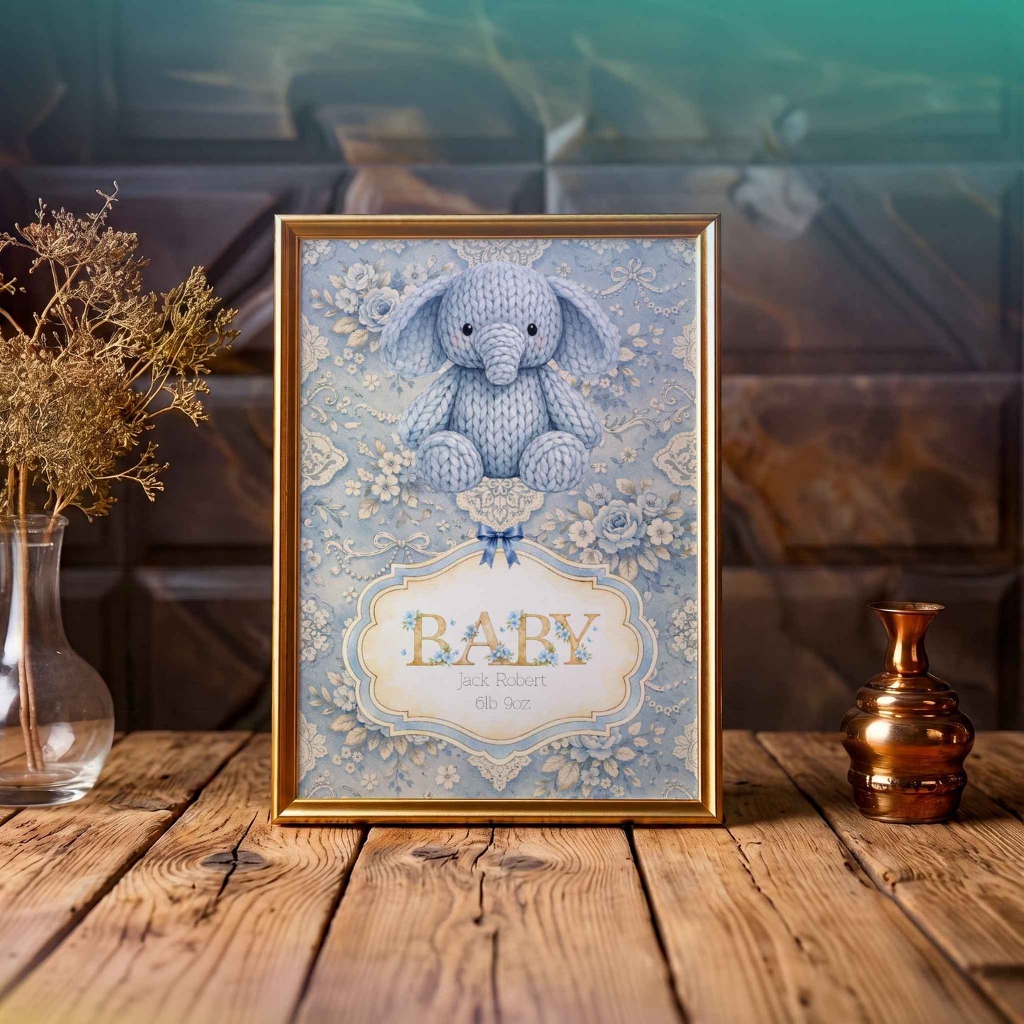 Personalised Baby Boy Art Print with Elephant