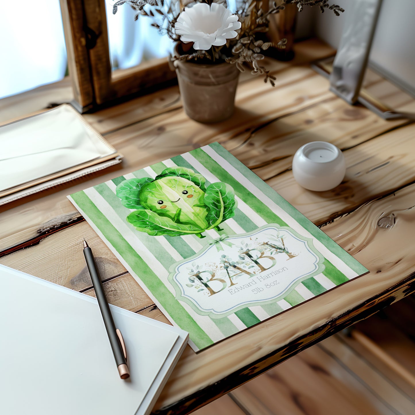 Personalised New Baby Greeting Card with Cabbage A5