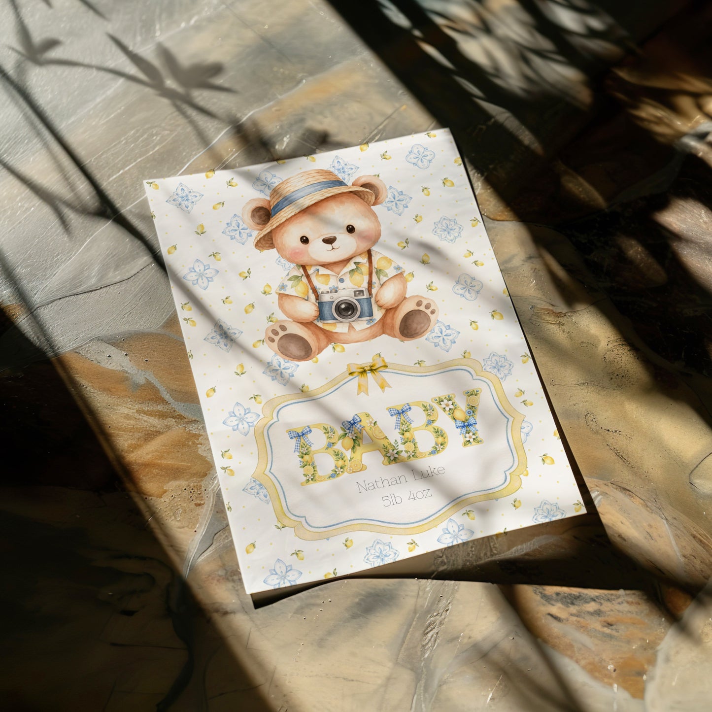 Personalised Newborn Baby Greeting Card with Italian Bear A5
