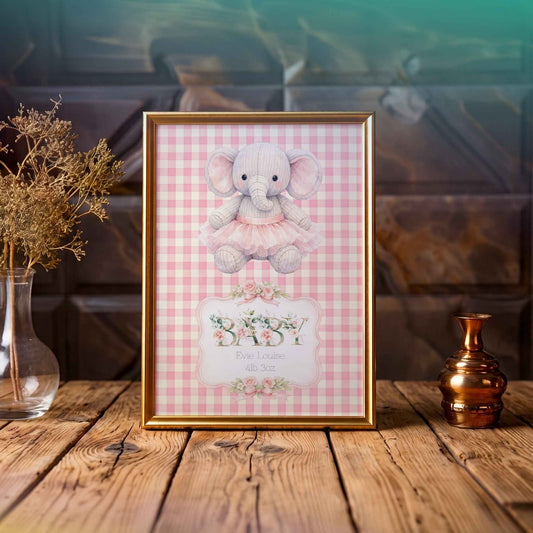 Personalised Baby Girl Art Print with Elephant
