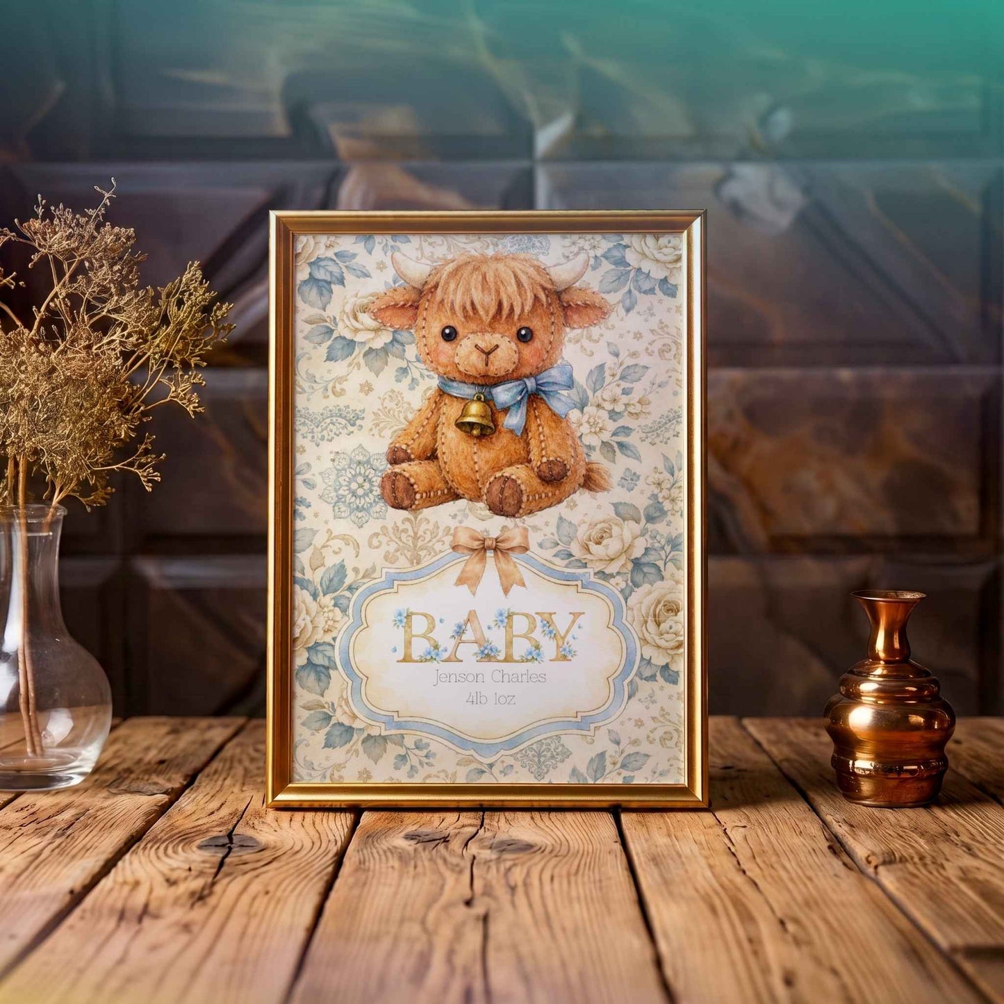 Personalised Baby Boy Art Print with Highland Cow