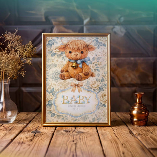 Personalised Baby Boy Art Print with Highland Cow