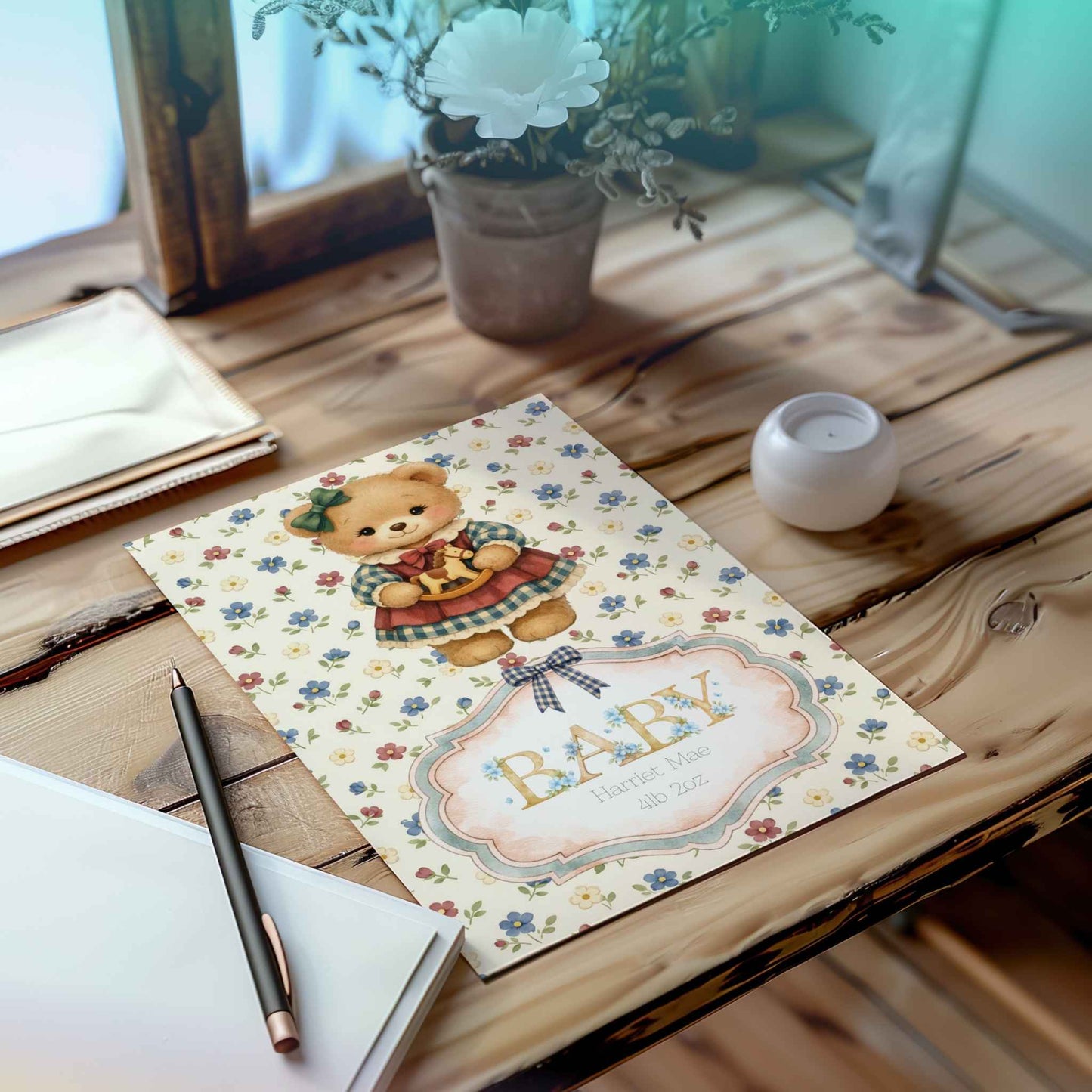 Personalised Baby Girl Art Print with Teddy Bear