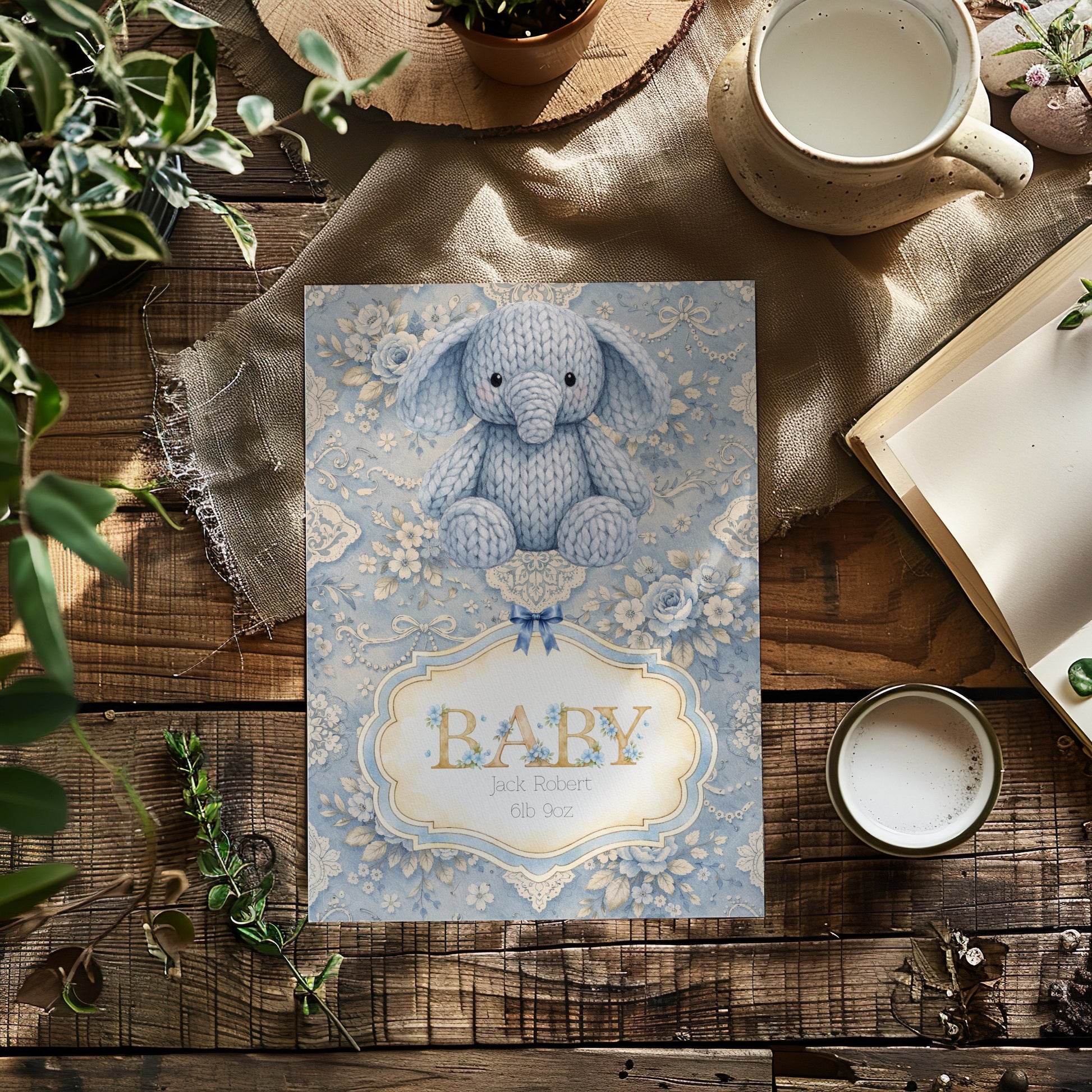 Personalised Baby Boy Art Print with Elephant