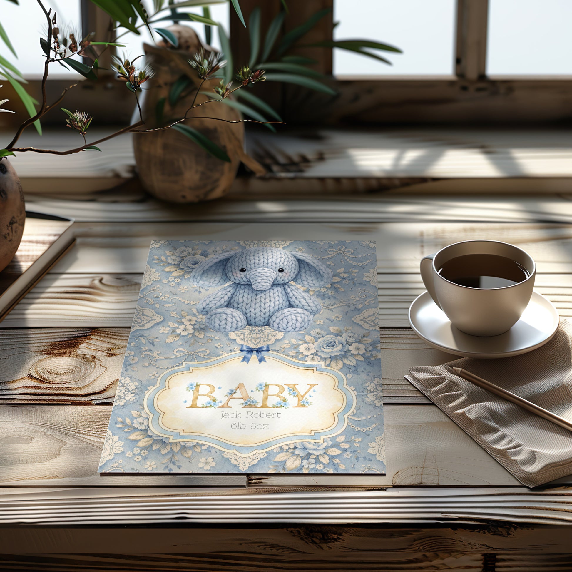 Personalised Baby Boy Art Print with Elephant