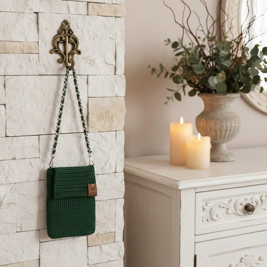 Handmade Crochet Dark Green Phone Bag – Stylish Crochet Accessory