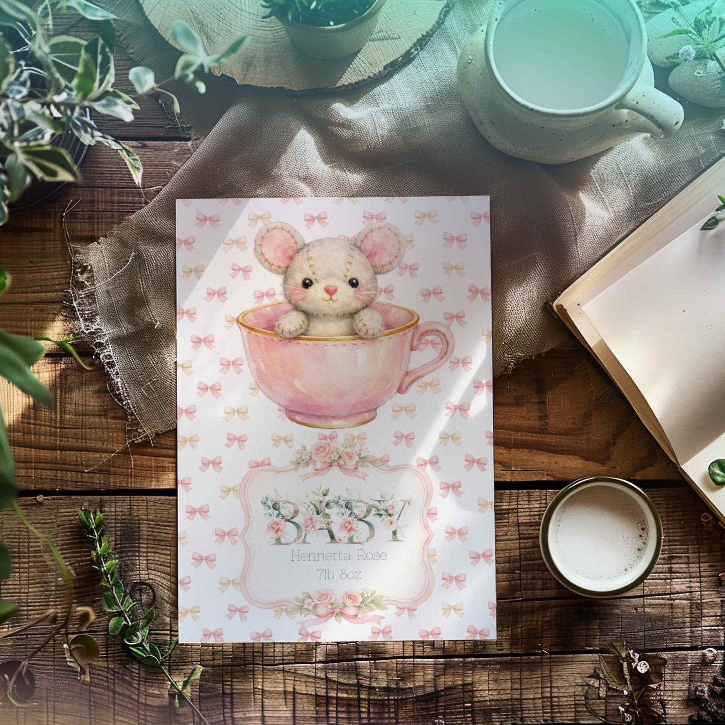 Personalised New Baby Greeting Card Mouse in Teacup A5