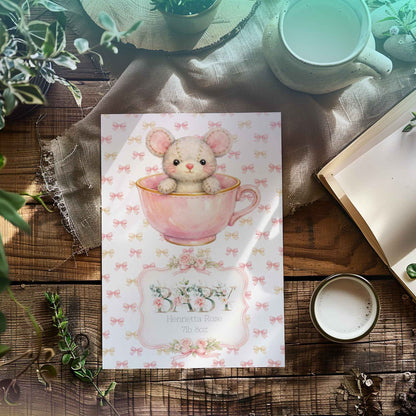 Personalised New Baby Greeting Card Mouse in Teacup A5