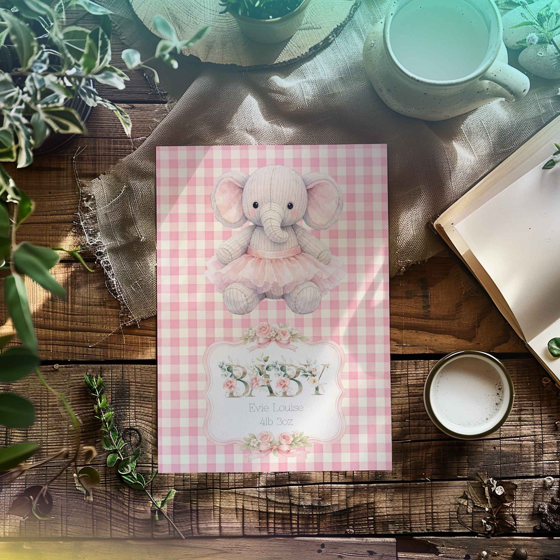 Personalised Baby Girl Art Print with Elephant