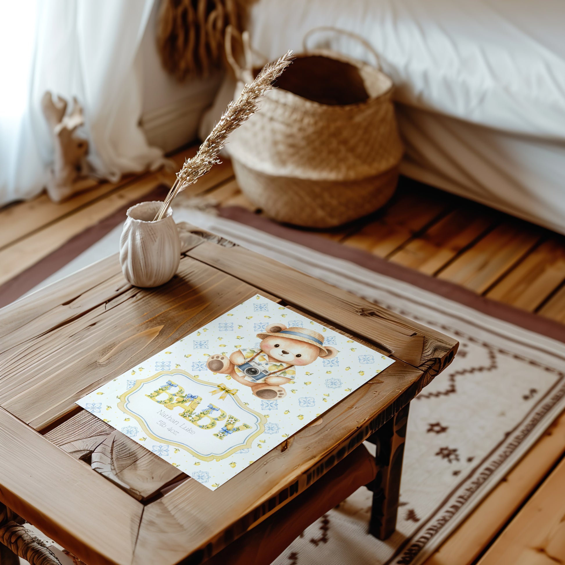 Personalised Newborn Baby Greeting Card with Italian Bear A5