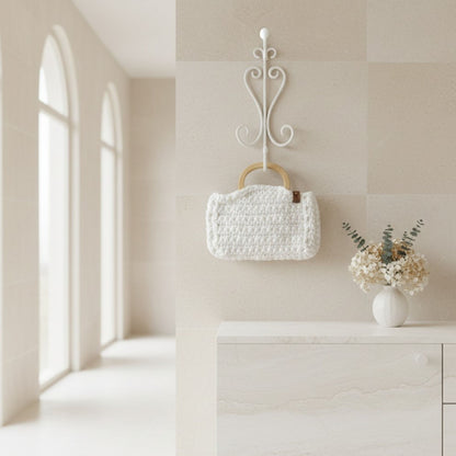 Handmade White Crochet Bag with Wooden Handle – Unique Handbag