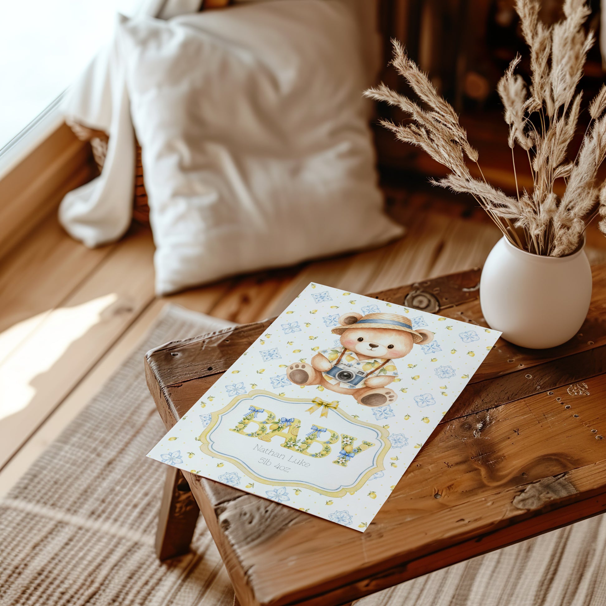 Personalised Newborn Baby Greeting Card with Italian Bear A5