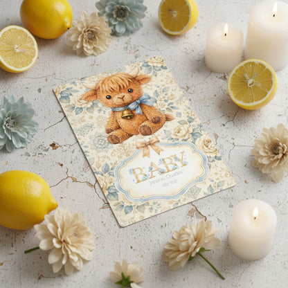Personalised Baby Boy Art Print with Highland Cow