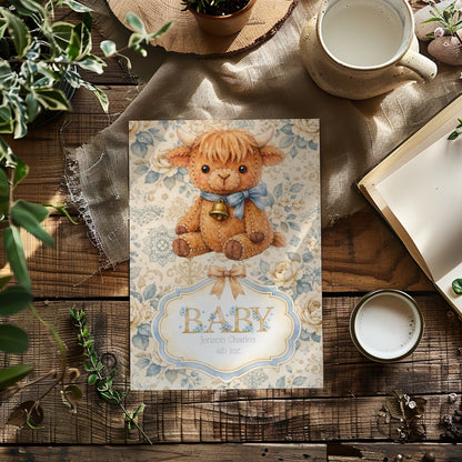 Personalised Baby Boy Art Print with Highland Cow