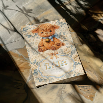 Personalised Baby Boy Art Print with Highland Cow