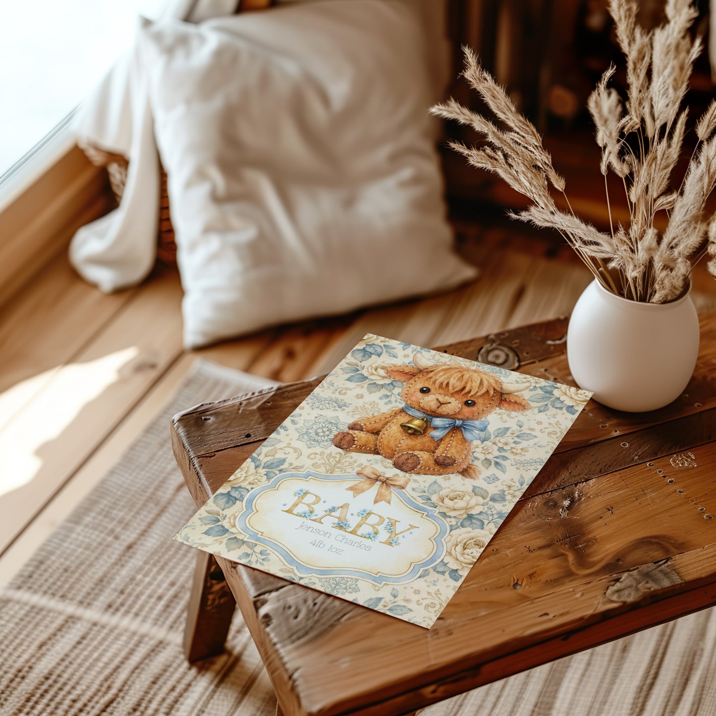 Personalised Baby Boy Art Print with Highland Cow