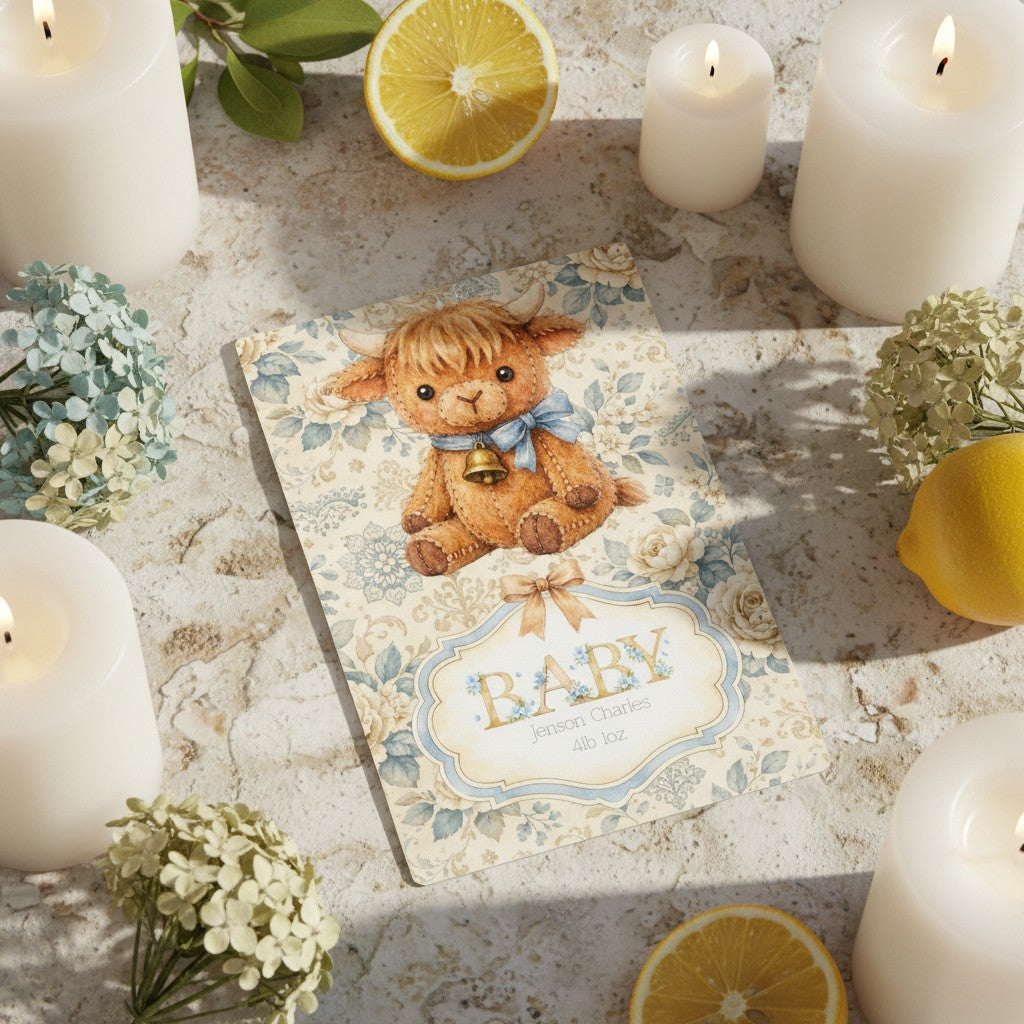 Personalised Baby Boy Art Print with Highland Cow