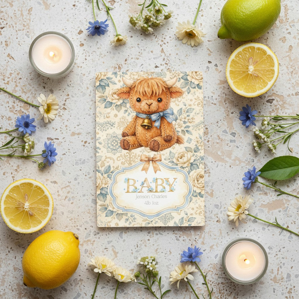 Baby card with highland cow illustration surrounded by lemons, candles, and flowers on a textured surface