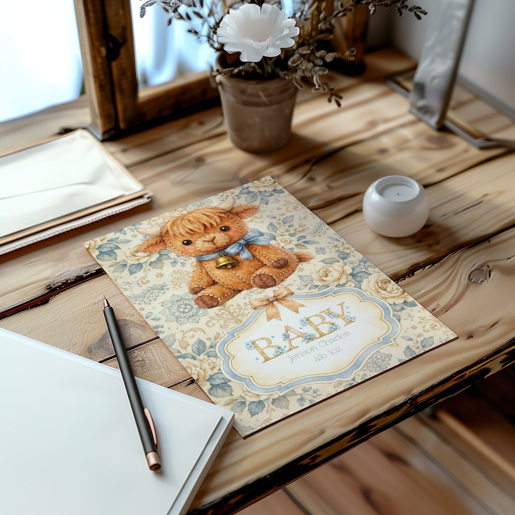 Personalised Baby Boy Art Print with Highland Cow