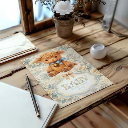 Personalised Baby Boy Art Print with Highland Cow