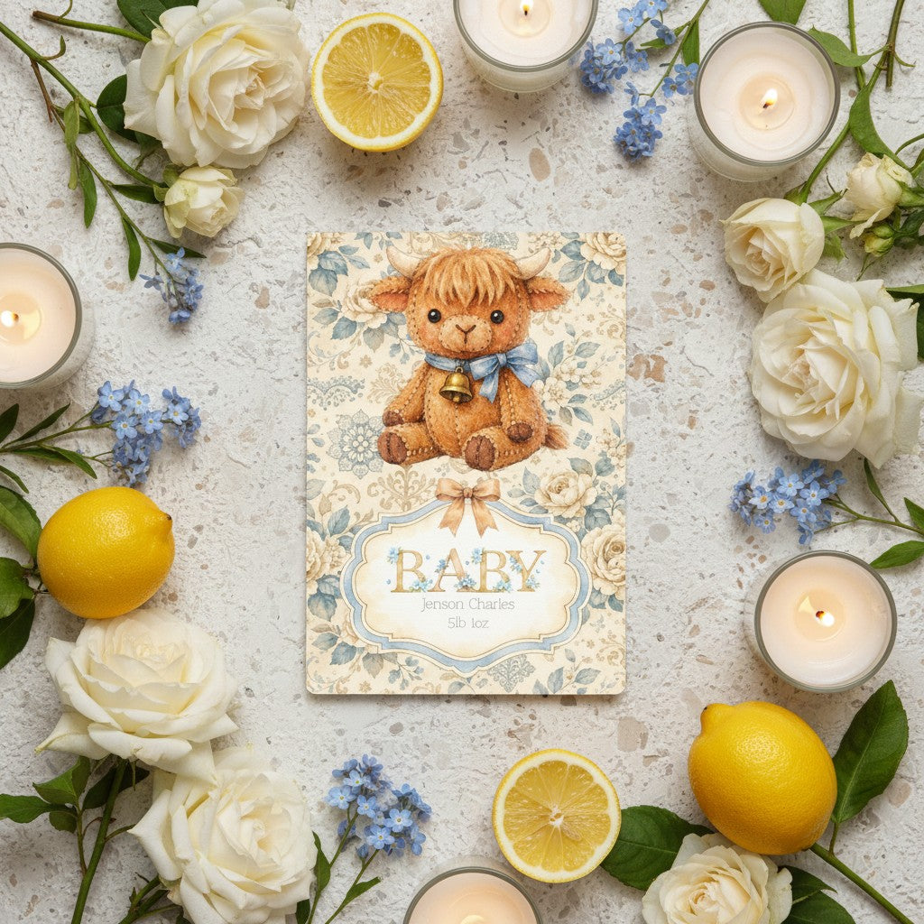 Personalised Baby Boy Art Print with Highland Cow