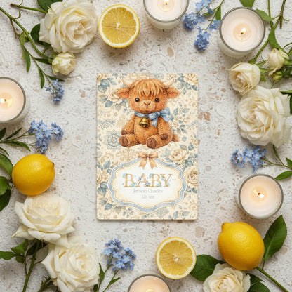 Personalised Baby Boy Art Print with Highland Cow