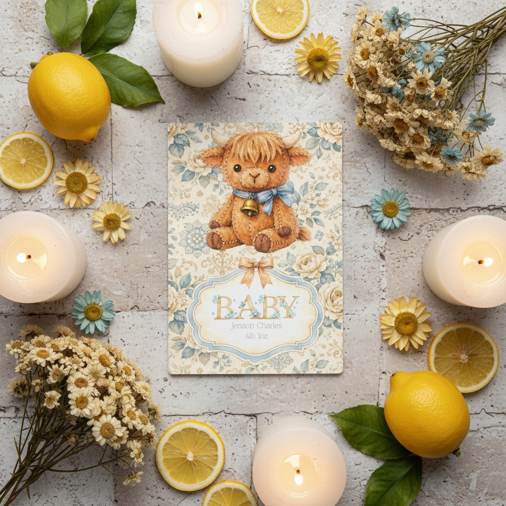 Baby card with a highland cow design surrounded by lemons, candles, and flowers on a light surface.