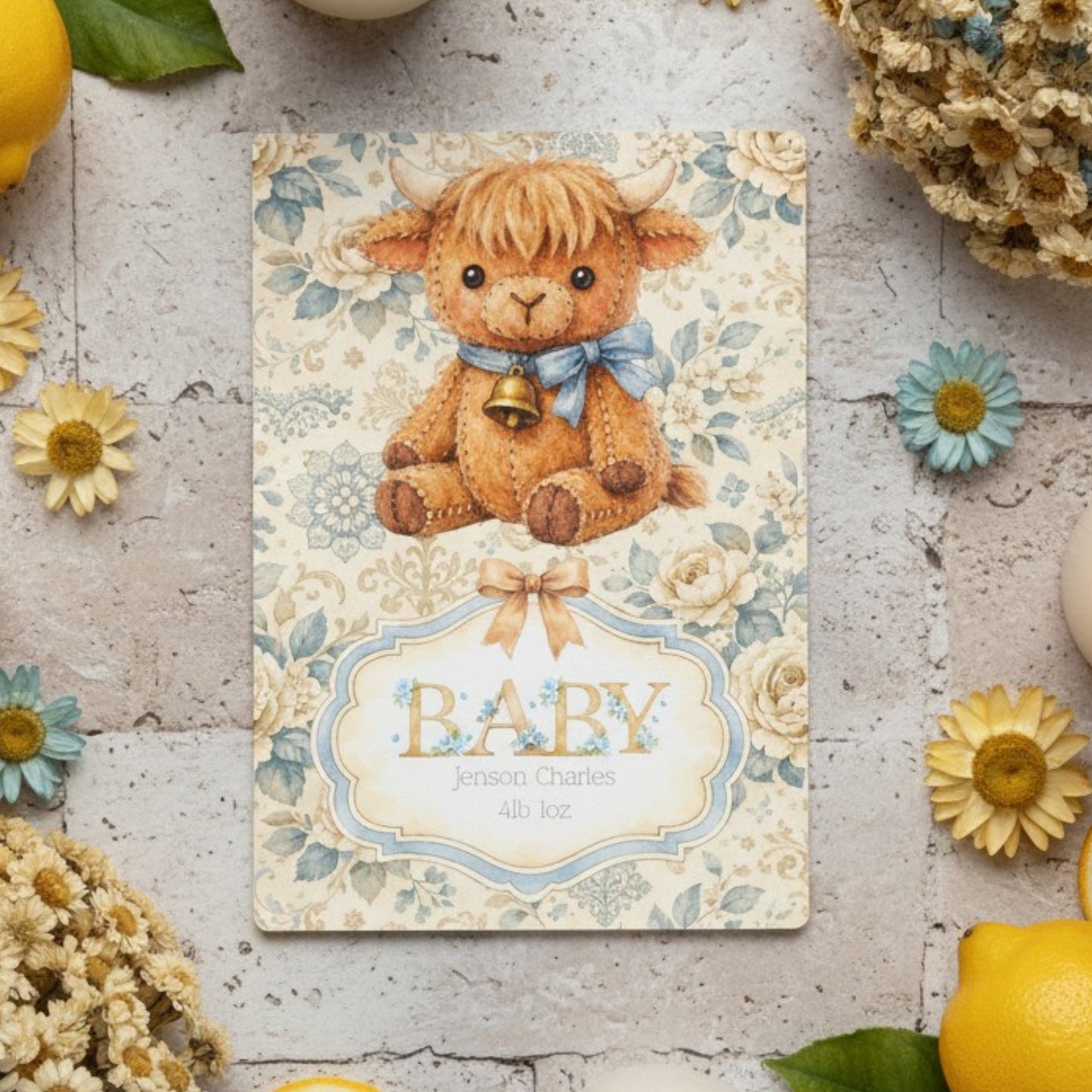 Personalised Baby Boy Art Print with Highland Cow