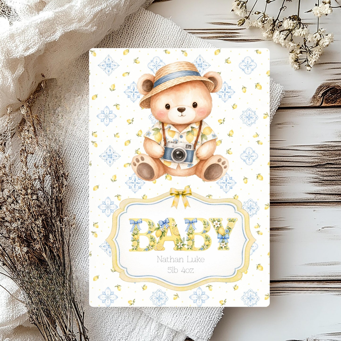 Personalised Newborn Baby Greeting Card with Italian Bear A5