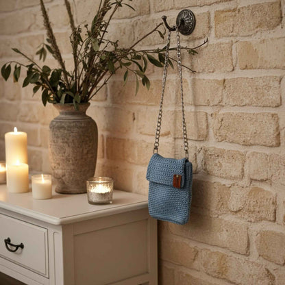 Handmade Crochet Pale Blue Phone Bag – Stylish and Charming Accessory