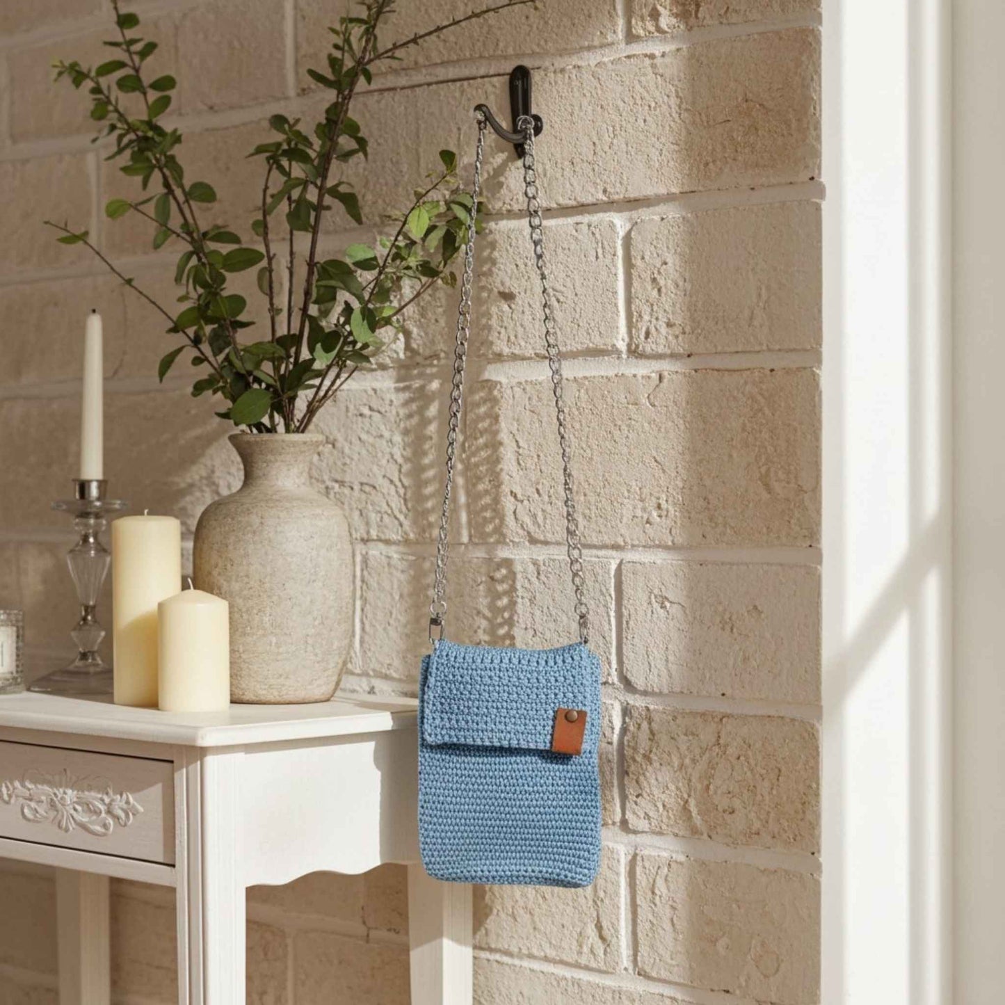 Handmade Crochet Pale Blue Phone Bag – Stylish and Charming Accessory