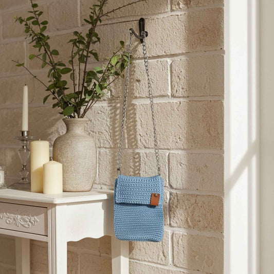 Handmade Crochet Pale Blue Phone Bag – Stylish and Charming Accessory