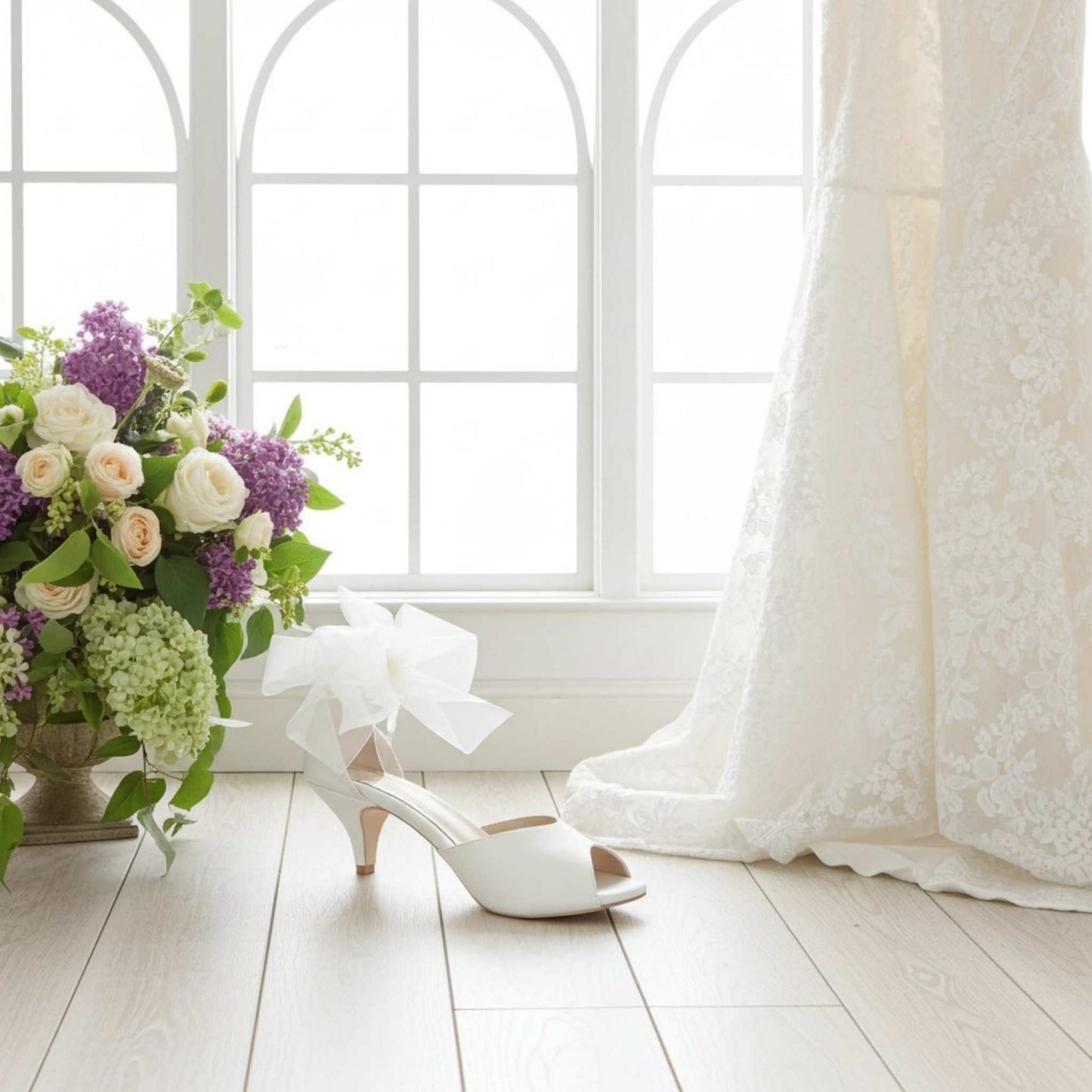 Neve Peep Toe Kitten Heel Bridal Shoes - Organza Strap