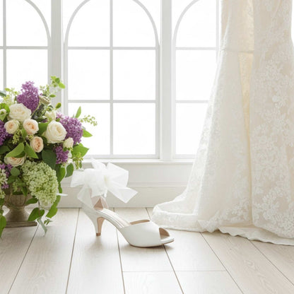 Neve Peep Toe Kitten Heel Bridal Shoes - Organza Strap